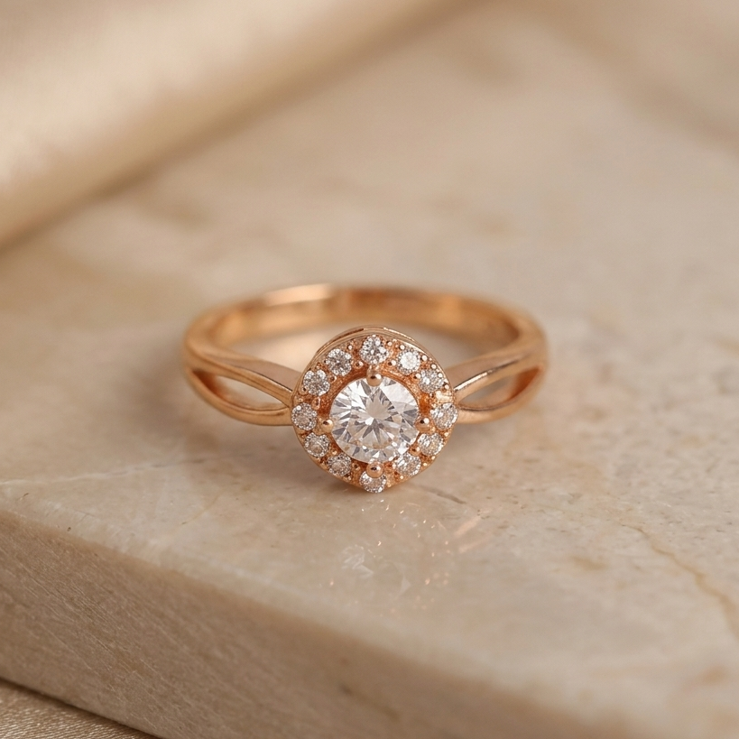 Rose gold ring with a diamond on a beige stone surface